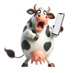 Cow Alarmed by Smartphone - A cow appears alarmed by a smartphone, humorously depicting the intersection of farm life and digital technology. Ideas for surprised, sale, shocking, wow, special and disc