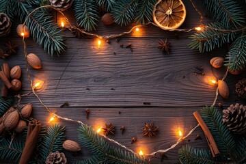 Top view of some pine twigs, Christmas lights, star anise, almonds and nuts, dried oranges, cinnamon sticks, pine cones on a rustic wooden table. - Powered by Adobe