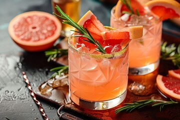 A refreshing grapefruit cocktail with ice, garnished with a slice of grapefruit and a sprig of rosemary, placed on a rustic metal tray