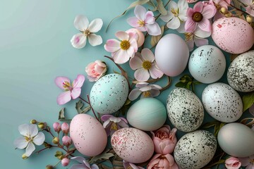 Obraz na płótnie Canvas Pastel eggs and flowers arranged in charming Easter floral composition