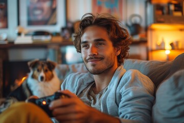 In a warmly lit room, a smiling man enjoys a casual video gaming evening with his dog sitting by his side - obrazy, fototapety, plakaty