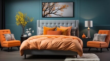 Orange Bedding on Blue Bed Frame