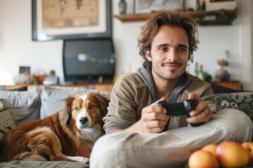 A young man enjoys playing a video game, relaxing on the couch with his adorable dog companion, representing leisure time at home