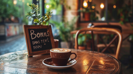 Coffee cup in a cafe in morning light and sign with written french word Bonjour meaning Hello and waiter in France
