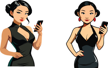 Japanese female figure drawings with cell phone-