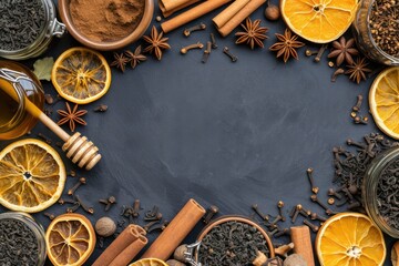 Top view of various kinds of aromatic spices like cinnamon sticks, star anise, cardamom, cloves and dried sliced oranges. 