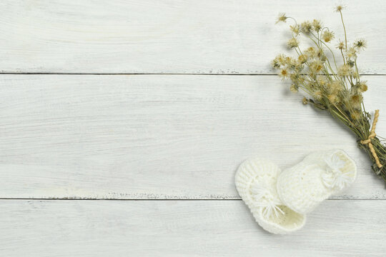 Baby shoes and dry flower on white wooden background with copy space. 