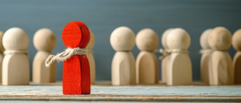Unique Red Wooden Figure Standing Out From Crowd
