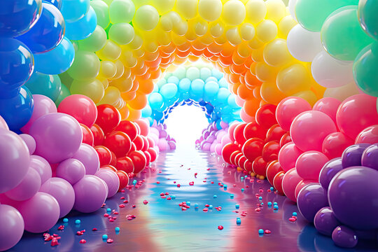 an archade of balloons in all colors of the rainbow