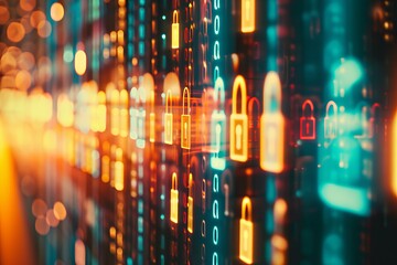 Secure connection  dynamic and dramatic data stream with end to end encryption symbols