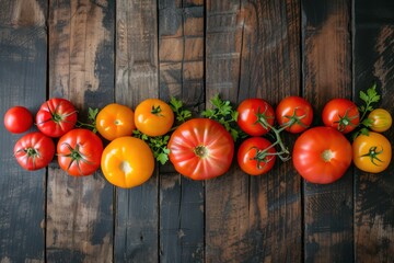 Top view of various kinds of tomatoes in a horizontal row against a rustic wooden table.  - Powered by Adobe