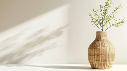 A minimalistic beige wicker vase with ficus benjamina stands on a minimalistic white background