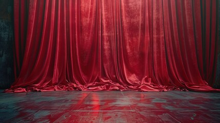 Abstract minimalistic theater stage background. There is no one on stage. The red velvet curtains are drawn