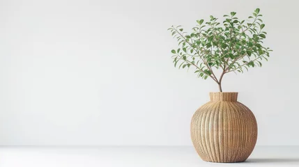 Tuinposter A minimalistic beige wicker vase with ficus benjamina stands on a minimalistic white background © ArtCookStudio