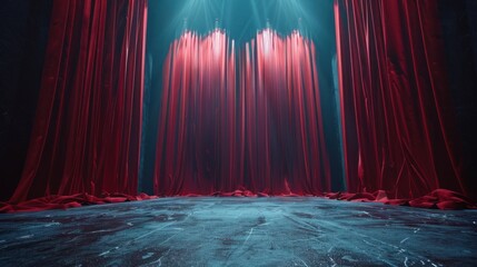 Abstract minimalistic theater stage background. There is no one on stage. The red velvet curtains are drawn
