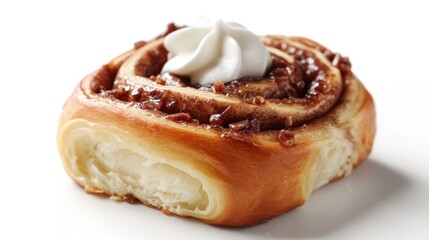 Freshly baked cinnamon roll with whipped white cream on top