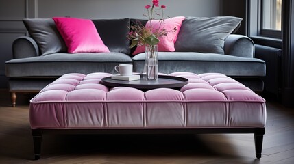 Pink and Gray Velvet Ottoman