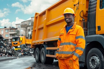 Cheerful worker beside an orange waste disposal truck with a pile of garbage behind him - obrazy, fototapety, plakaty