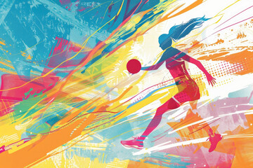 Colorful abstract sports background with playing basketball woman