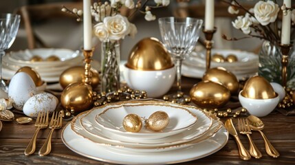 Festive Easter set table with white ceramic plates, ceramic golden eggs, golden forks and knives, flowers