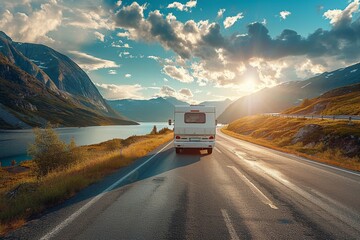 As the sun sets, a camper van's journey along a winding mountain road symbolizes the allure of nature and the spirit of adventure