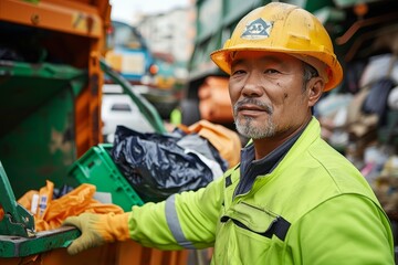 A middle-aged Asian sanitation worker in safety gear next to a garbage truck