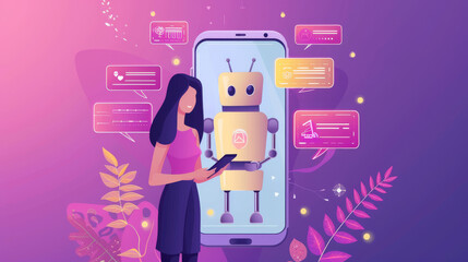 Digital chatbot, Artificial Intelligence concept. Woman using mobile smart phone chatting with digital chatbot customer service 