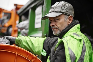 Fototapeta premium Serious male sanitation worker in green jacket by garbage truck