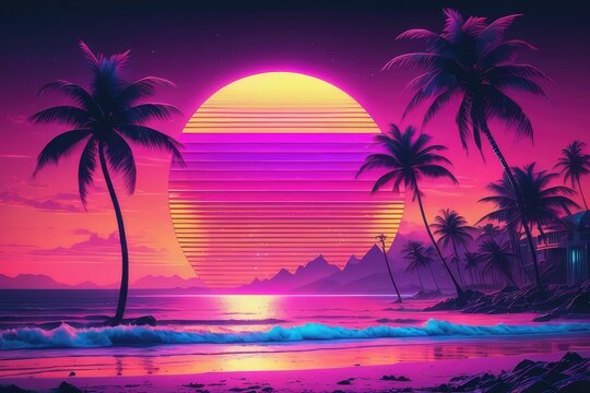 Synthwave disco aesthetic style on the beach