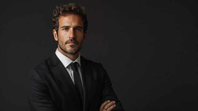 Handsome Spanish businessman in a black suit on a black minimalistic background looking at the camera