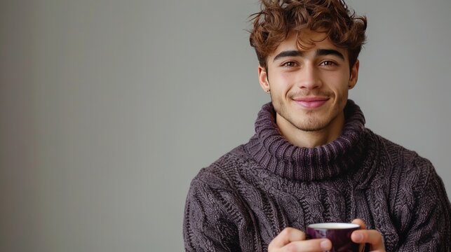A young handsome Spanish man in a knitted dark purple sweater stands and looks smiling at the camera