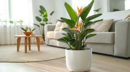 Beautiful flowering Strelitzia plants in a white ceramic large pot in the interior of a modern bright living room