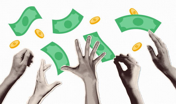 Hands catching money falling from the sky, coins, bills. Retro halftone collage in vintage style. Saving, saving, collecting money. Banner on financial topics. Vector illustration.