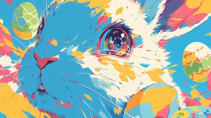 Obraz premium A painting of a rabbit with easter eggs in the background
