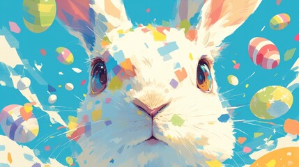A painting of a rabbit surrounded by balloons