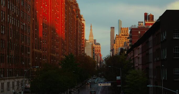 Aesthetic view of Manhattan in New York City in the saturated colours of the setting sun.