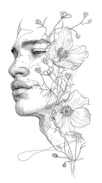 A drawing of a woman with flowers on her face