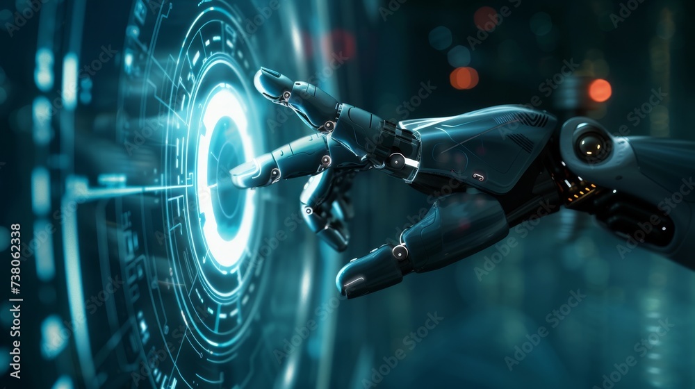 Leinwandbilder In this artificial intelligence futuristic design concept, the robot mechanical arm or hand presses a button on a virtual holographic interface HUD.