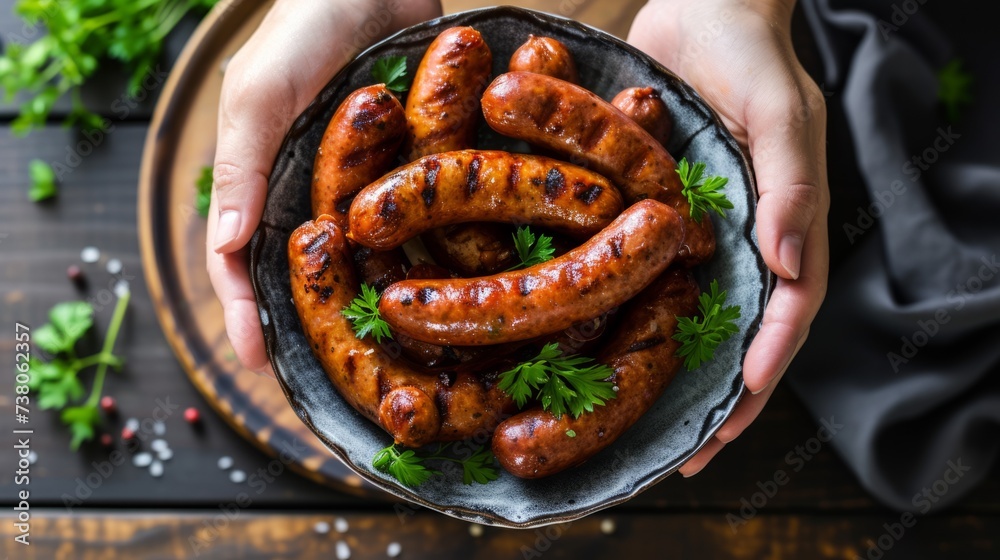 Poster A person holding a bowl of grilled sausages