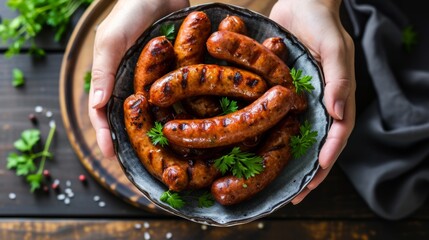 A person holding a bowl of grilled sausages - obrazy, fototapety, plakaty