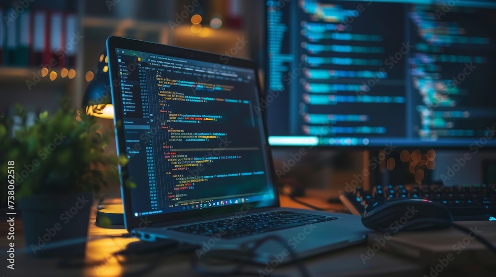 Poster Concept of software development coding process. Programming, testing cross-platform code and apps on laptops, tablets, and phones. Development of scripts and codes for desktop and mobile devices.