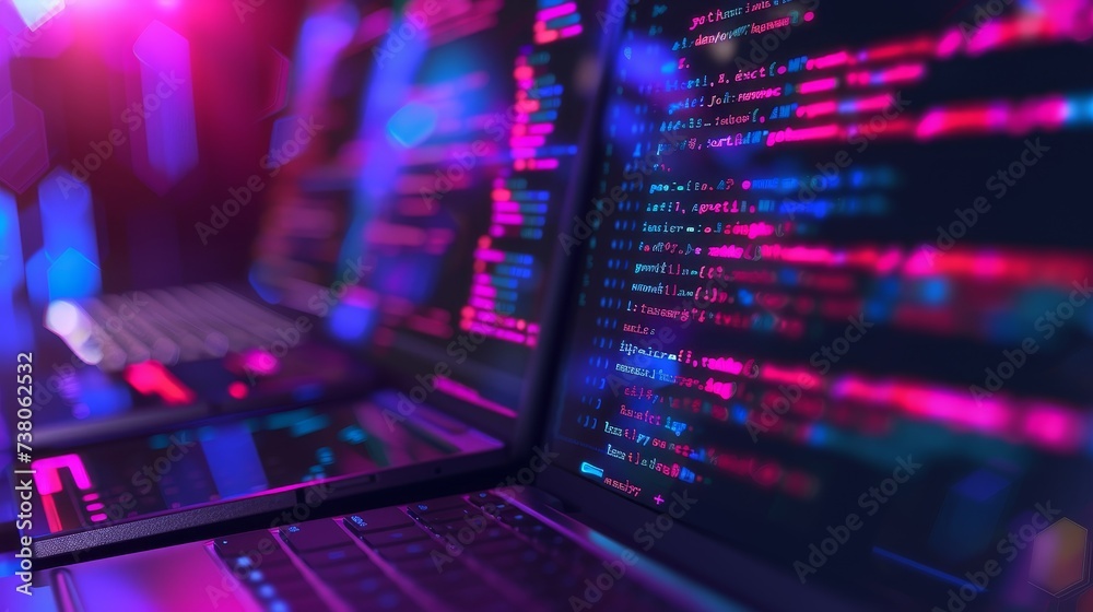 Poster A concept of software development coding. Writing, testing, and editing cross-platform code for laptops, tablets, phones, as well as creating, editing and maintaining scripts for stationary and mobile
