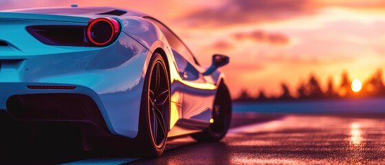 Luxury Sports Car Driving at Sunset on Highway