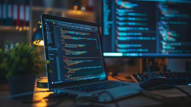 Concept of software development coding process. Programming, testing cross-platform code and apps on laptops, tablets, and phones. Development of scripts and codes for desktop and mobile devices.