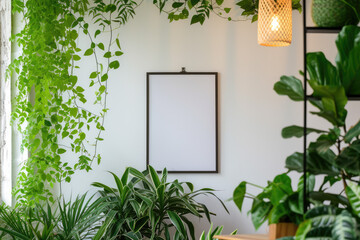 picture frame in the middle, green leaves, minimal style, white room