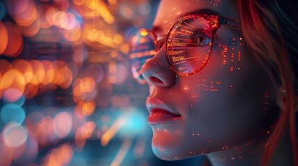 The hologram shows a woman on a tablet, thinking about data analytics, digital technology, and night overlay. The hologram shows a programmer or IT person in glasses on a 3D screen, looking at