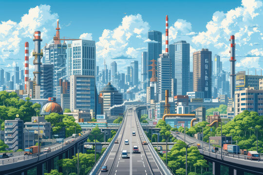 A city scene featuring skyscrapers, factories