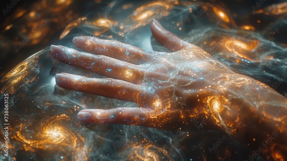 Poster Symbol of digital transformation for the age of next generation technology - woman's hand touching the metaverse universe.