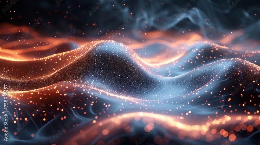 Fototapete the abstract wave moving dots flow particles, hi-tech and big data background design for brochures, 