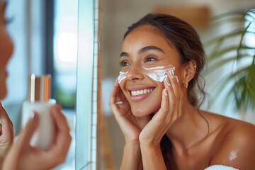 Joyful young woman applies moisturizing cream, reflecting a beauty routine and self-love - obrazy, fototapety, plakaty